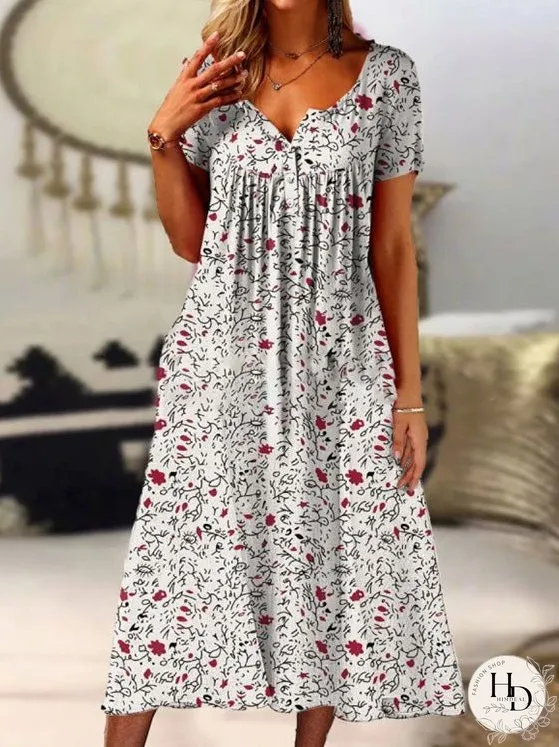 Dresses Printed V-Neck Button Short Sleeve Pocket Dress for Women