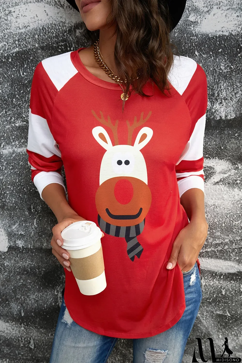 MidiSono - Red Christmas Cartoon Reindeer Color Block Sleeve Top