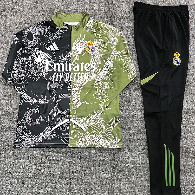25/26 Real Madrid Black/Green Dragon Half Zip Training Suit Set