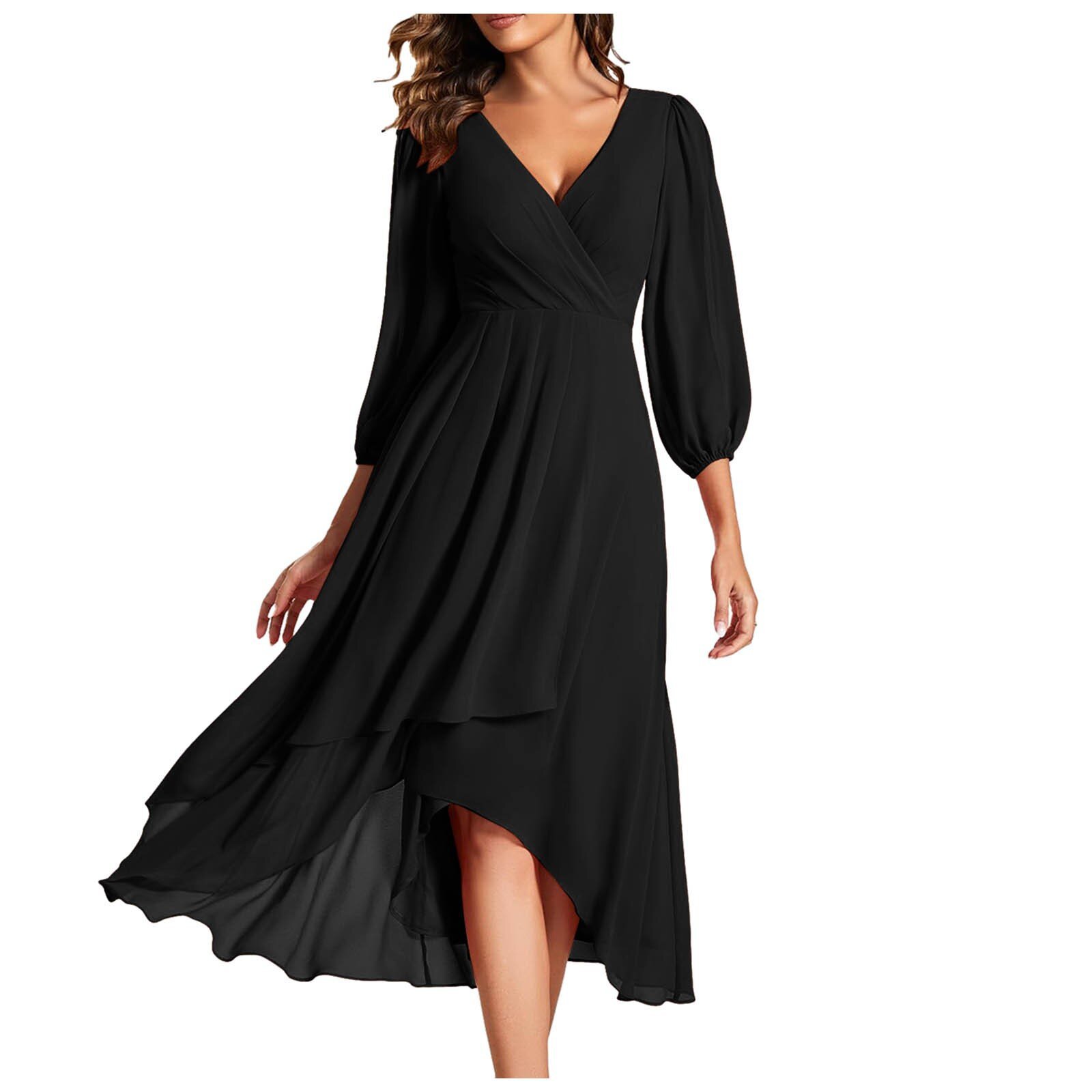 Mature Women Casual Summer V-neck Long-sleeved Dress Loose Party Evening Dress