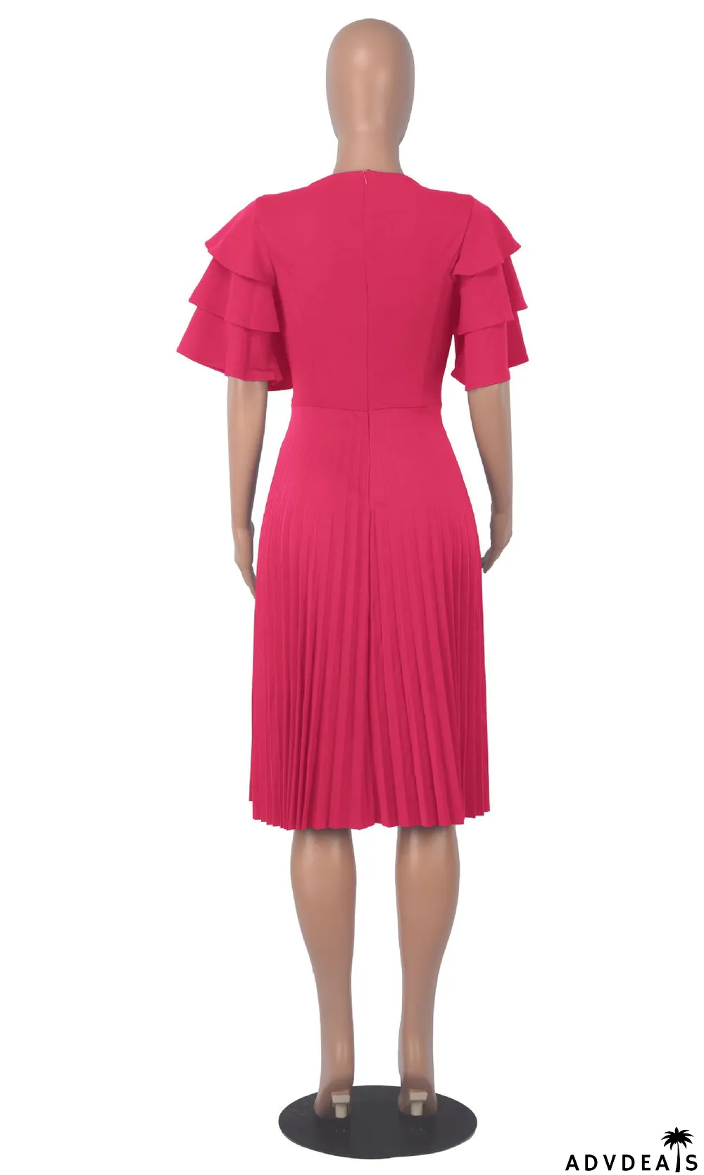 Summer Women Round Neck Ruffle Short Sleeve Pressed Pleated Dress