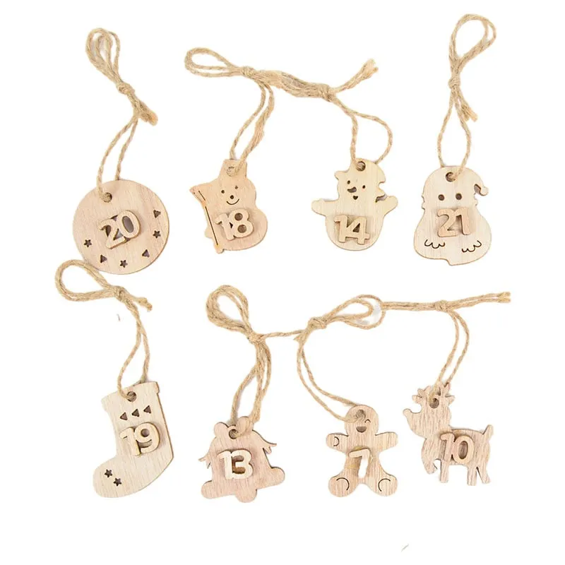 1-24 Numbers Christmas Advent Calendar Wooden Pendant Xmas Gift Bags Number Label Calendar Countdown Hanging Tags 2022 New Year