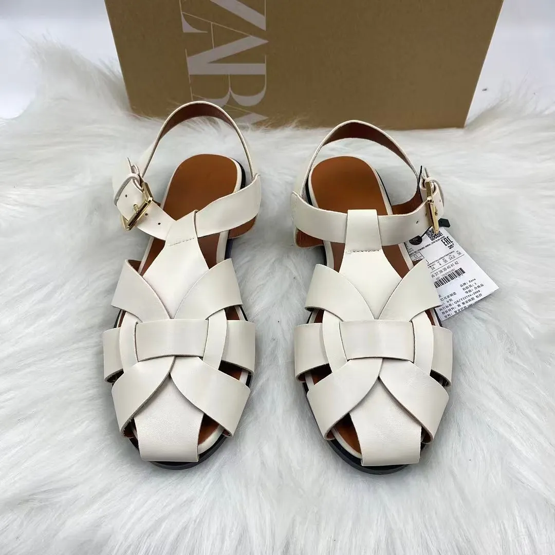 Breakj Breakj Home 2025 New Leather Big Head Sandals Women Summer Wide Fat Feet Soft Low Pure Bag Heel Head Cow