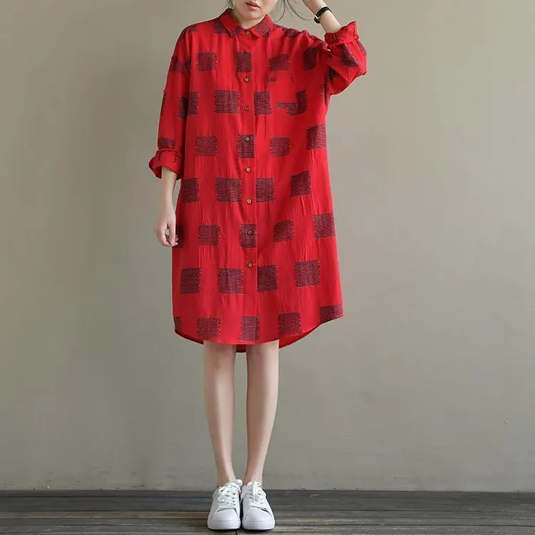 Elegant red Plaid Cotton quilting clothes lapel Button Down daily spring Dress