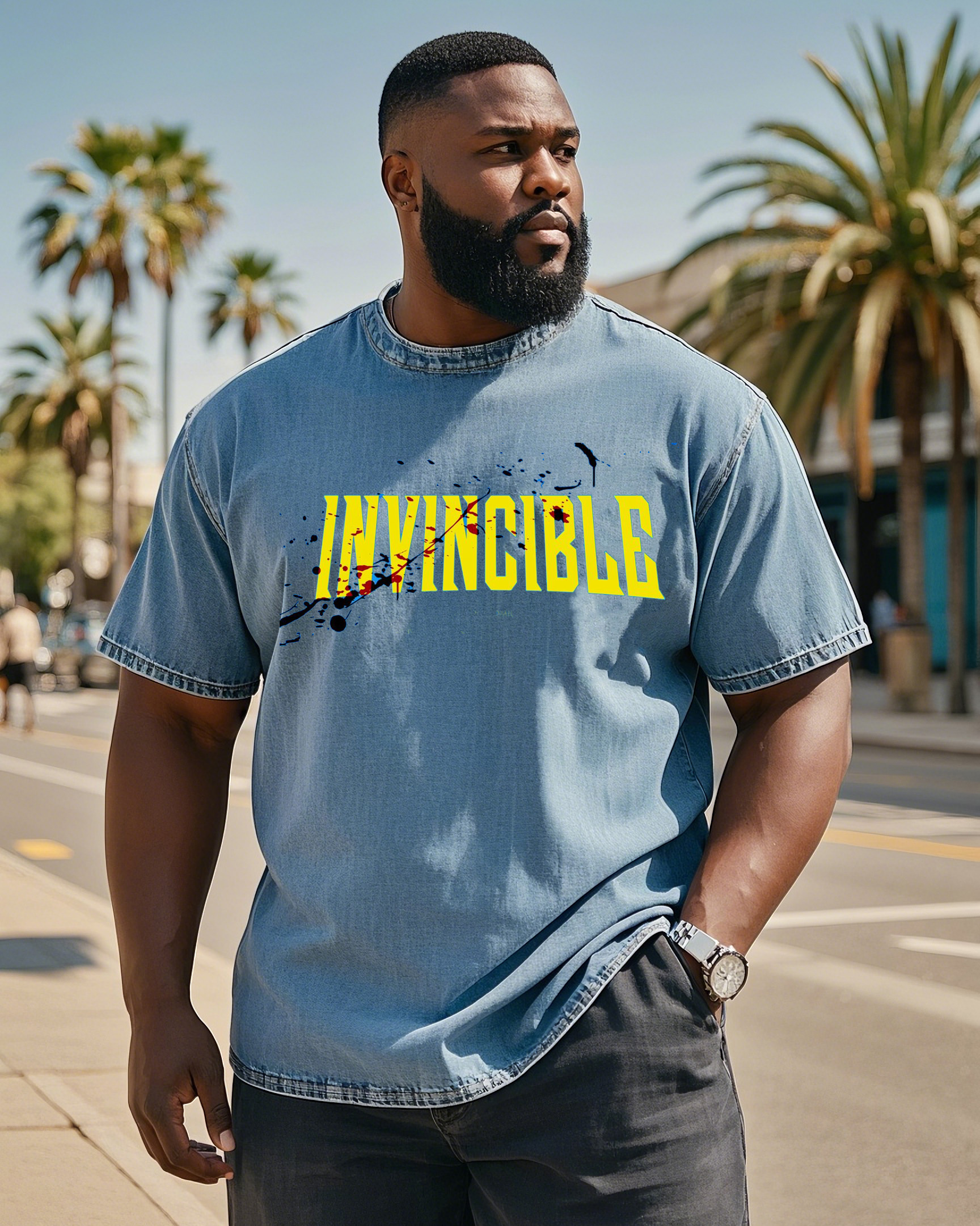 Plus Size Men's INVINCIBLE Series Graffiti Denim Short-sleeved T-shirt