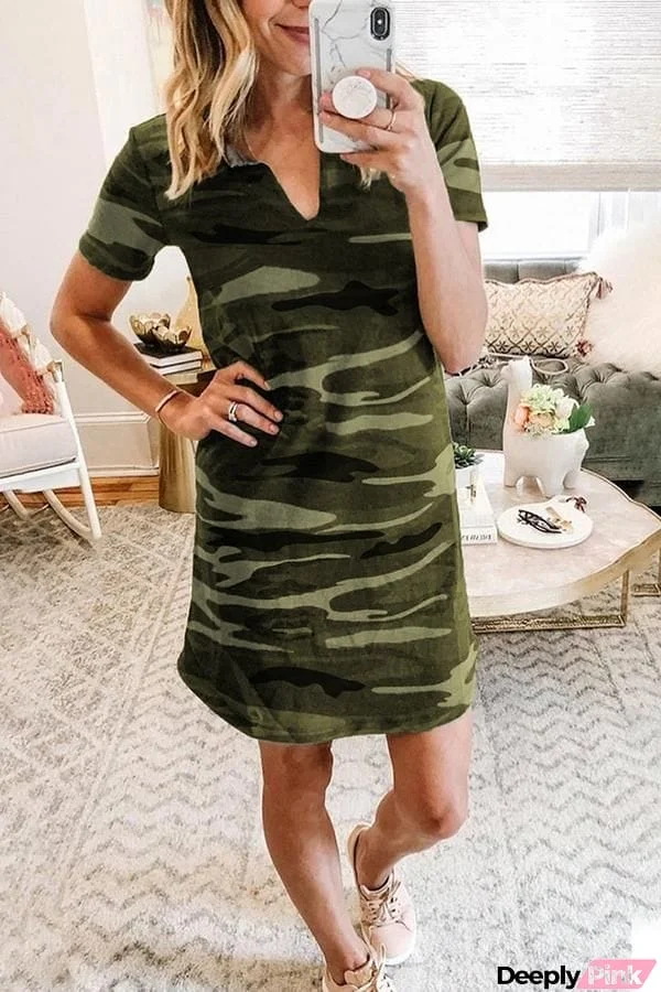 V-neck Camo Print Short Sleeve Dress