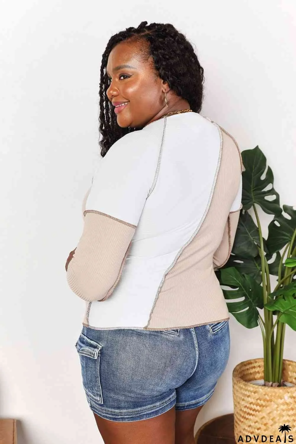 Double Take Color Block Exposed Seam Top