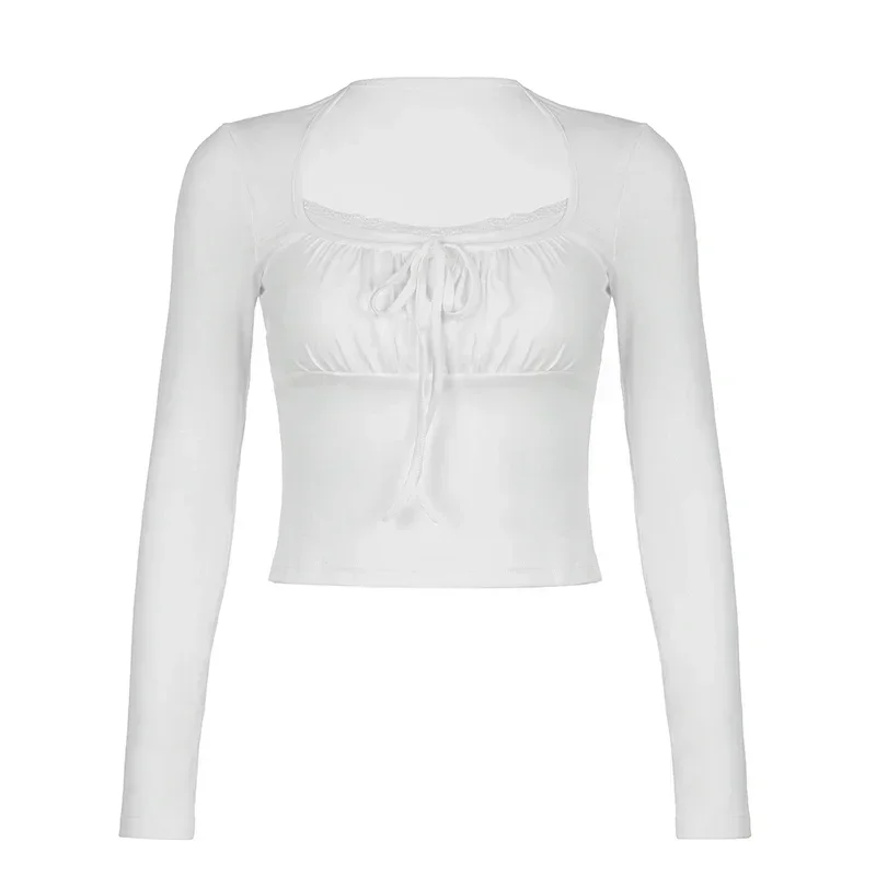 Huibahe Lace Trim Crop Top White Bow Square Collar Full Sleeve T Shirt Women Vintage Cute Harajuku Pullovers Korean Tee