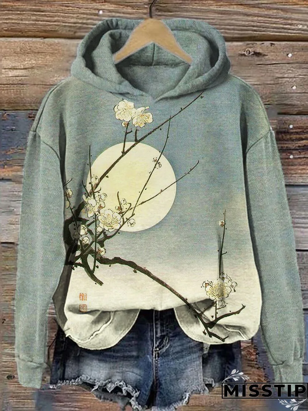 Plum Blossom Full Moon Night Gradient Japanese Art Hoodie - MissTip