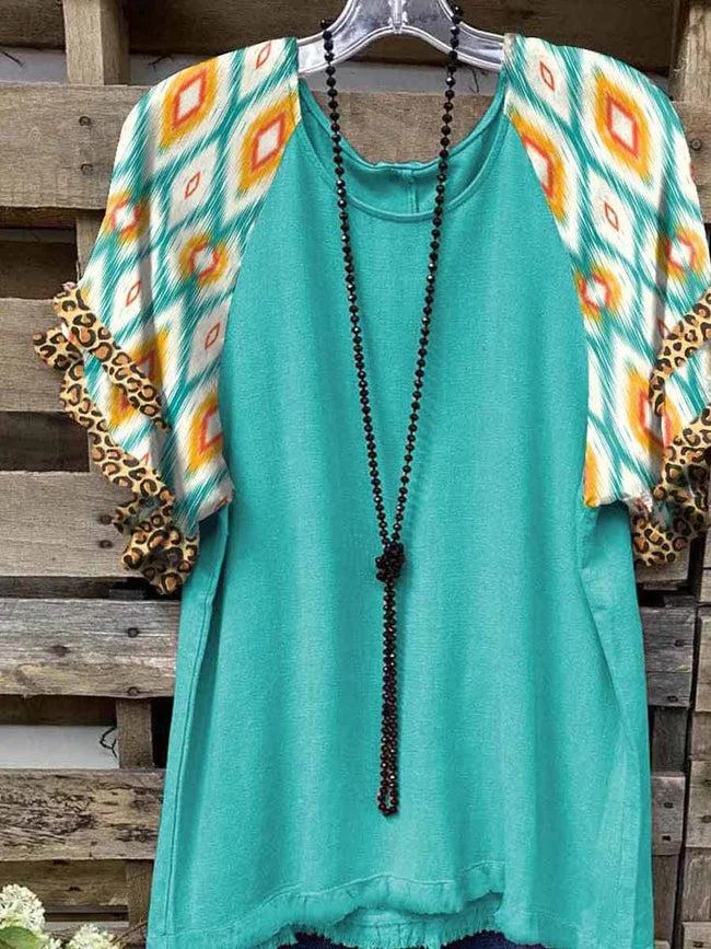 Women's Crew Neck Blue Patchwork Leopard Print Short Sleeve Top