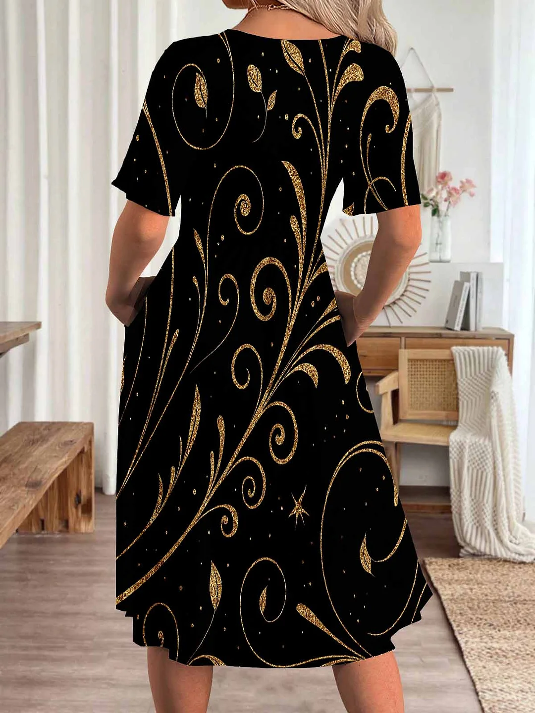 Women Graphic,Black DZHA8339 Short Sleeve Scoop Neck Graphic Printed Hollow Midi Dress