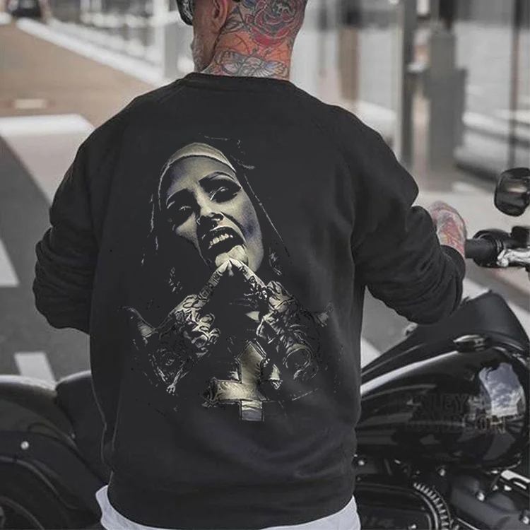 NUN WITH CRUCIFIX GRAPHIC DARK STYLE BLACK PRINT Sweatshirt