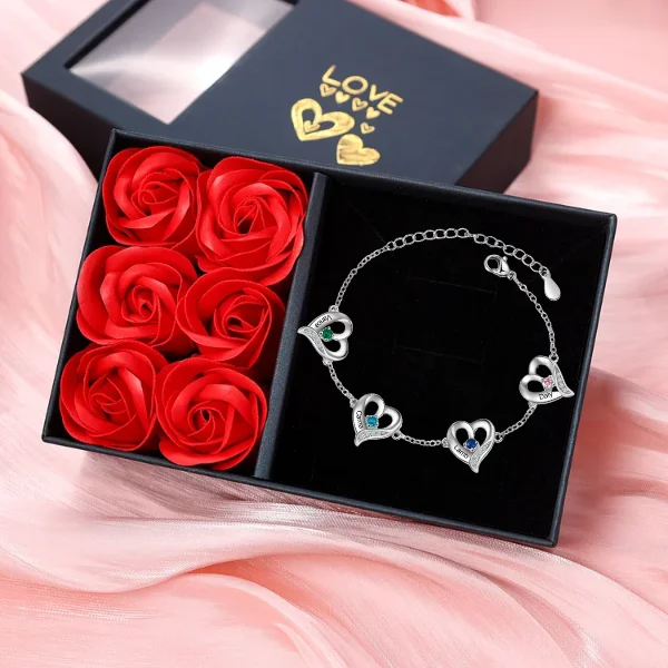 4 Names - Personalized Heart Bracelet Gift Set With Gift Box Custom Name & Birthstone Bracelet Gift For Her