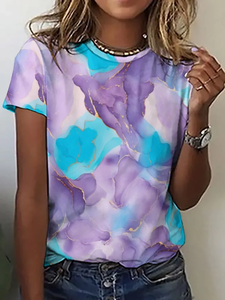 Printed Short Sleeve Casual T-shirt for  Women and Men Unisex Pattern Marble, Purple, Blue