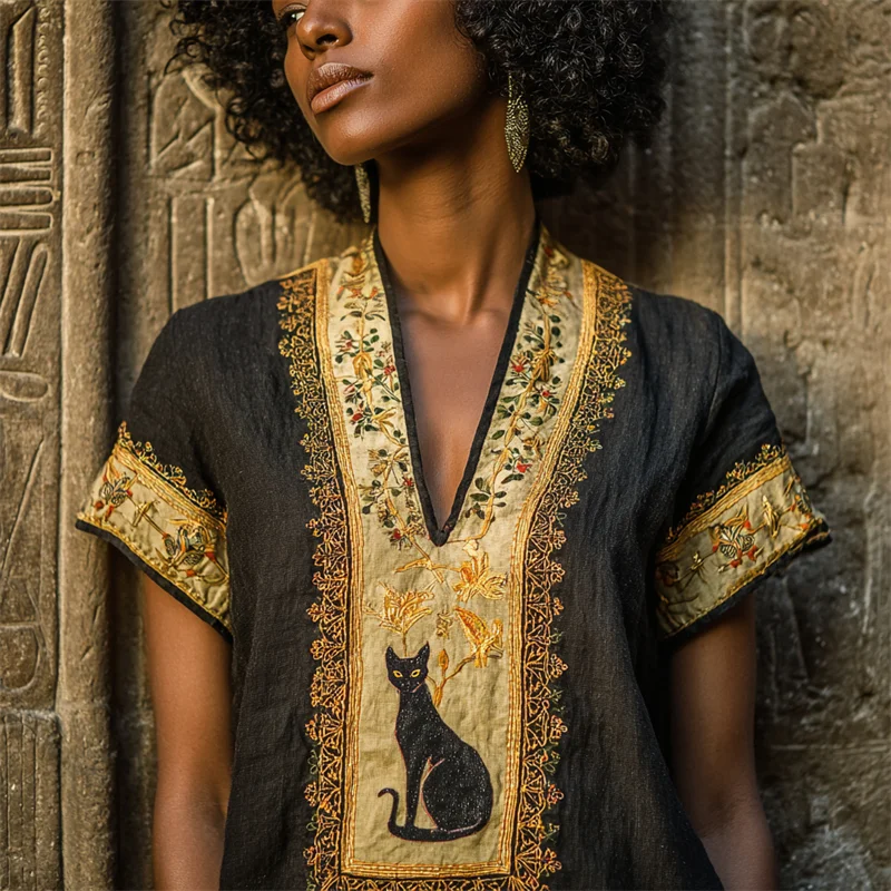 Ancient Egyptian Cat Floral Embroidered Linen Shirt