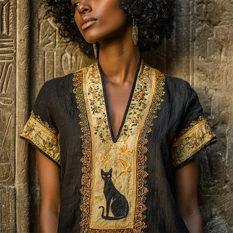 VChics Ancient Egyptian Cat Floral Embroidered Linen T-shirt
