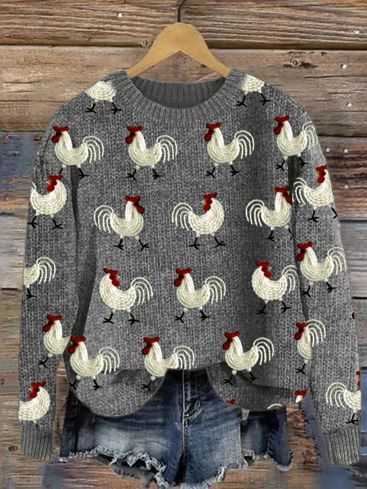 VChics Roosters Embroidery Pattern Cozy Knit Sweater