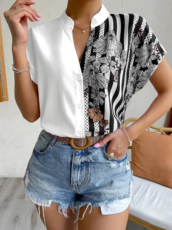 Buttoned Contrast Color Flower Print Striped Loose Short Sleeves V-Neck Blouses&Shirts Tops