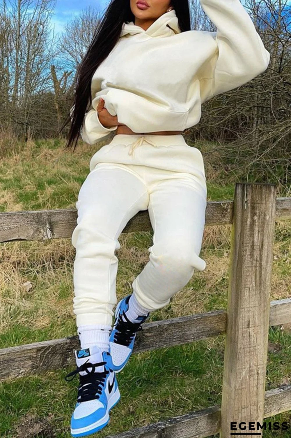 Cream White Fashion Casual Solid Basic Hooded Collar Long Sleeve Two Pieces | EGEMISS