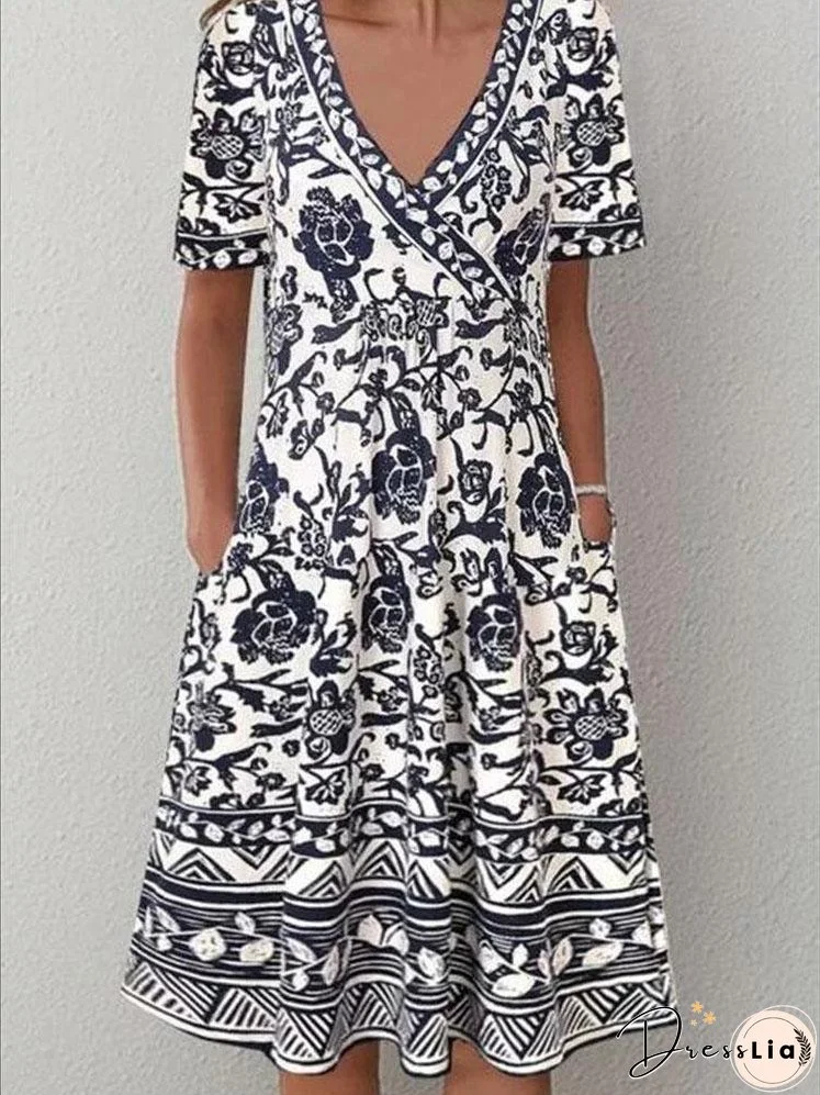 Retro Print V-neck Long Dress for Women