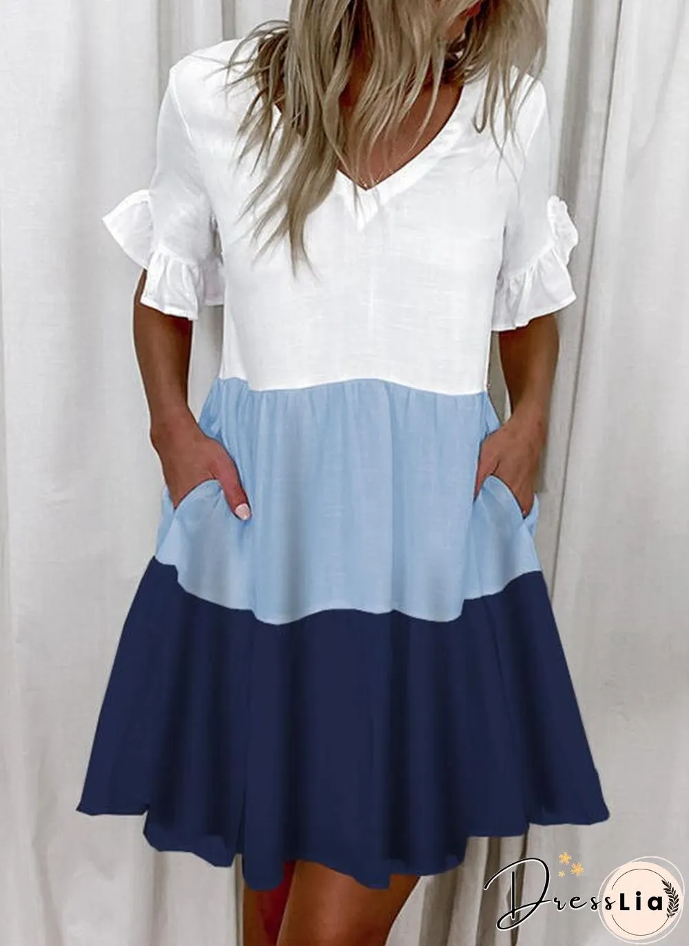 Printed Ruffle Pocket Dress Women Casual Loose Shoprt Sleeve Boho Vestidos Mujer