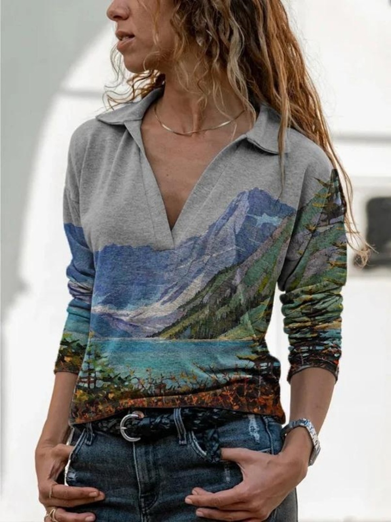 2021 autumn and winter new pullover long sleeve landscape painting printed women's casual dress