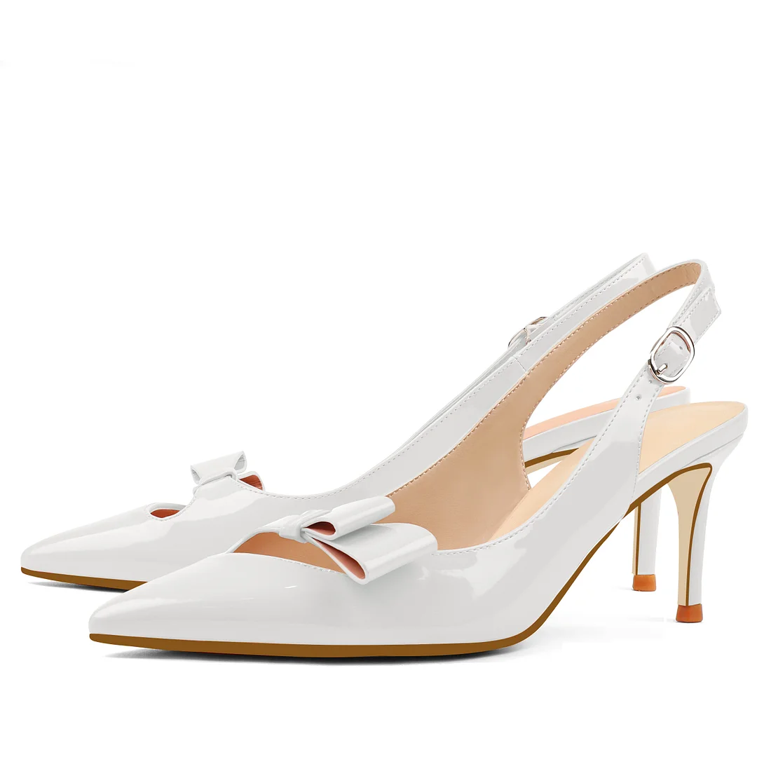 6.5cm /2.55 inch Pointed Toe Bows Slingback Buckle Pumps Kitten Patent Heels