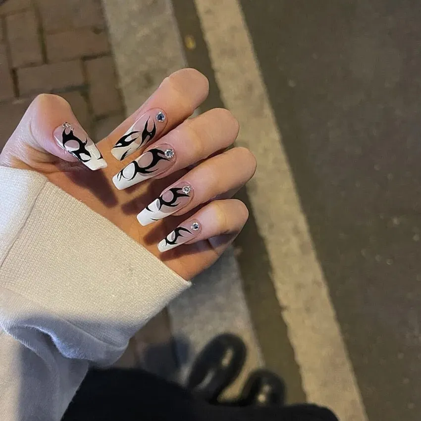 24Pcs Long Coffin False Nails with Colorful Wave Designs Wearable Fake Nail Full Cover Nail Art Tips Press on Nail Manicure Tool 515-1-Nail Inspo