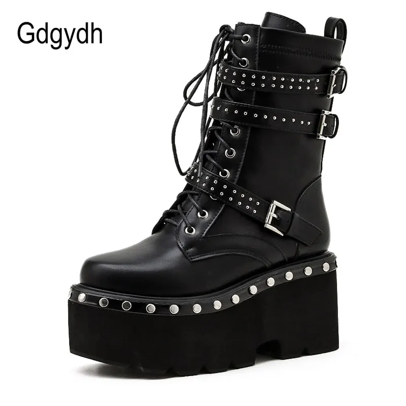 Gdgydh 2021 Spring Lace-Up Motorcycle Boots For Women Round Toe Thick Platform High Heels Female Ankle Boots Gothic Style Shoes