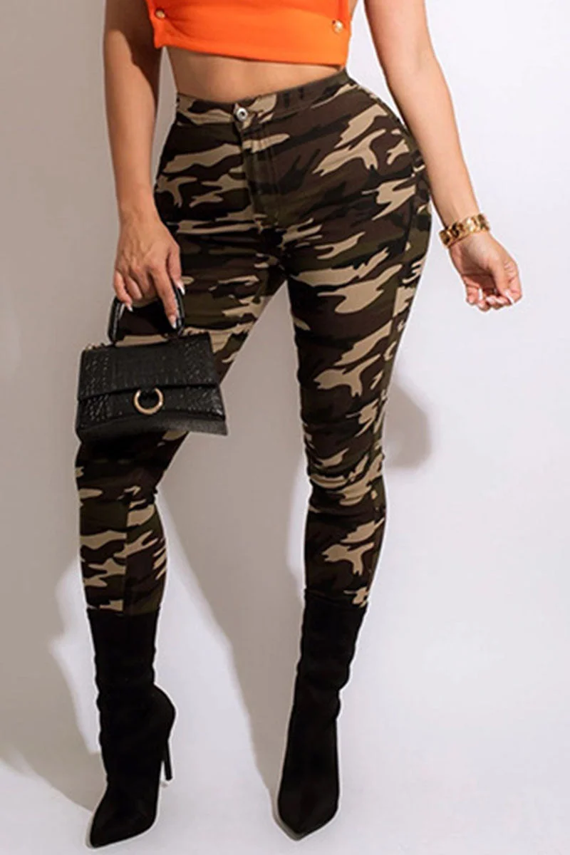 Casual Print Camouflage Print Split Joint High Waist Pencil Full Print Bottoms