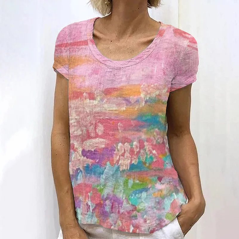 Vintage Retro Cancer Awareness Ribbon Art Gradient Style Women's Linen T-shirt