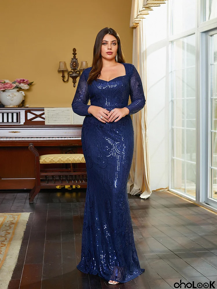 Plus Size Sweetheart Mermaid Long Sleeve Sequin Evening Dress PRA60193