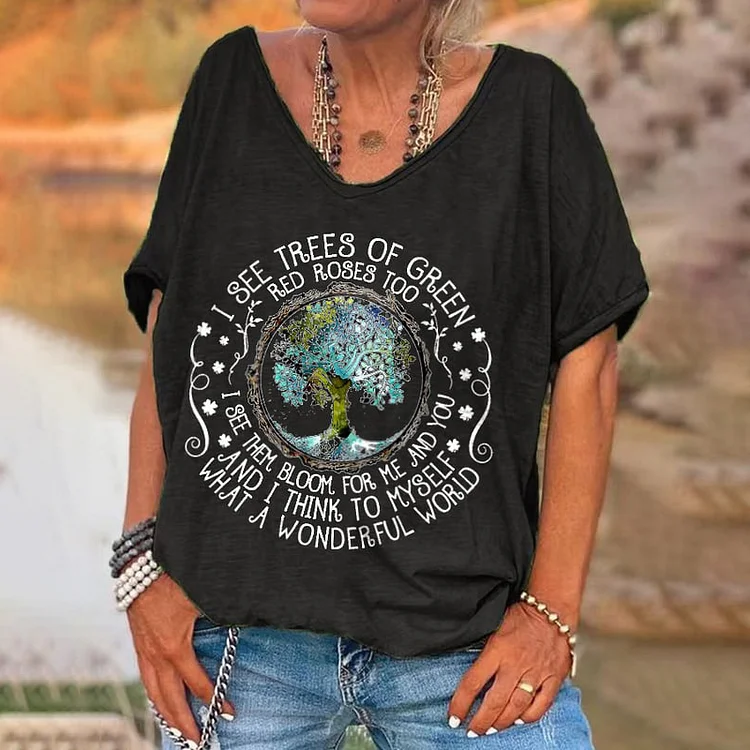 Comstylish Hippie What A Wonderful World Print V-Neck T-Shirt