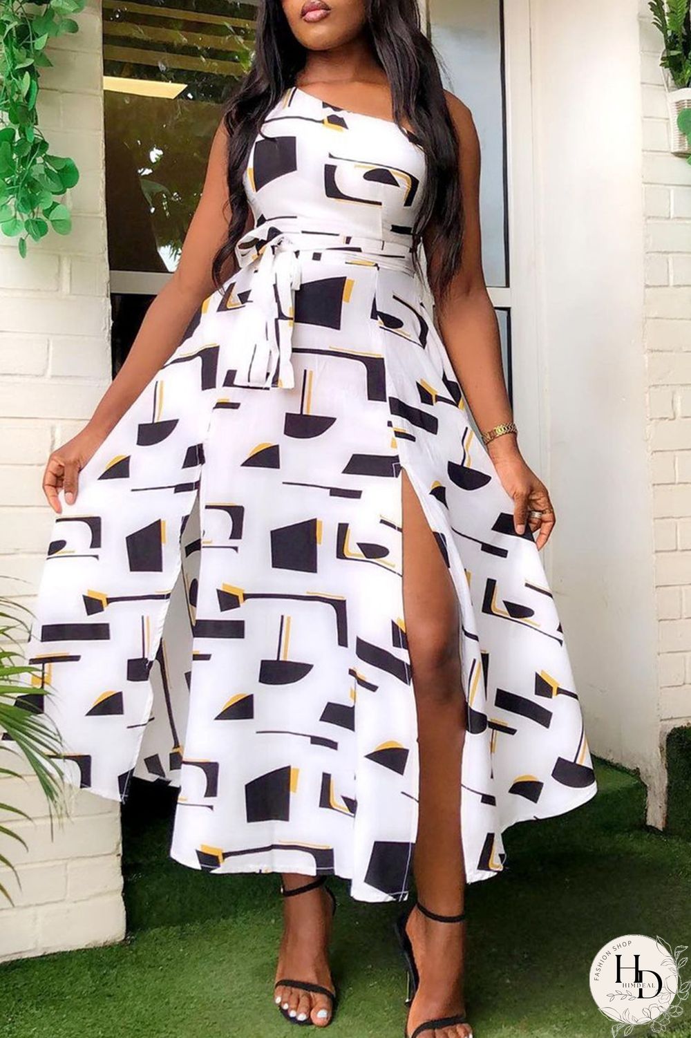 White Fashion Sexy Print Slit One Shoulder Sleeveless Dress