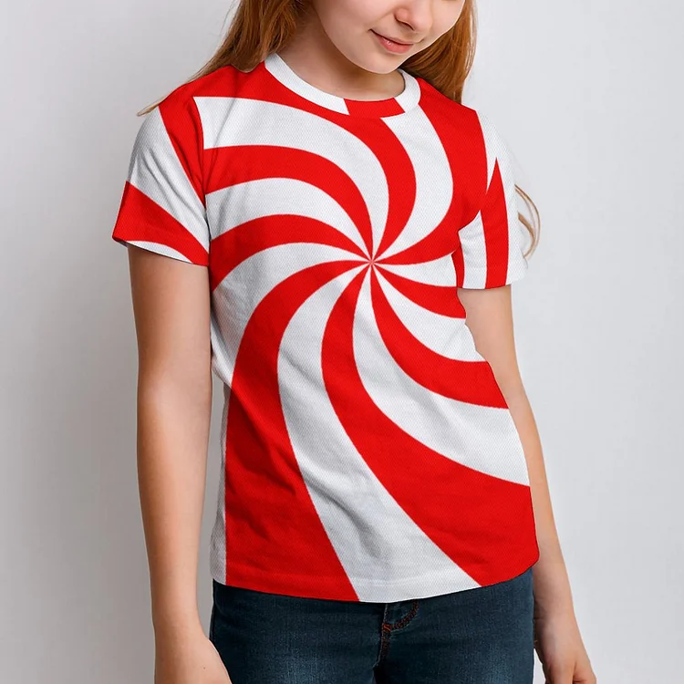 Big Red White Peppermint Candy Cane Christmas Boys Girls Summer Tshirt 3D Print Youth T-Shirt Kids O Neck Tee Tops - Heather Prints Shirts