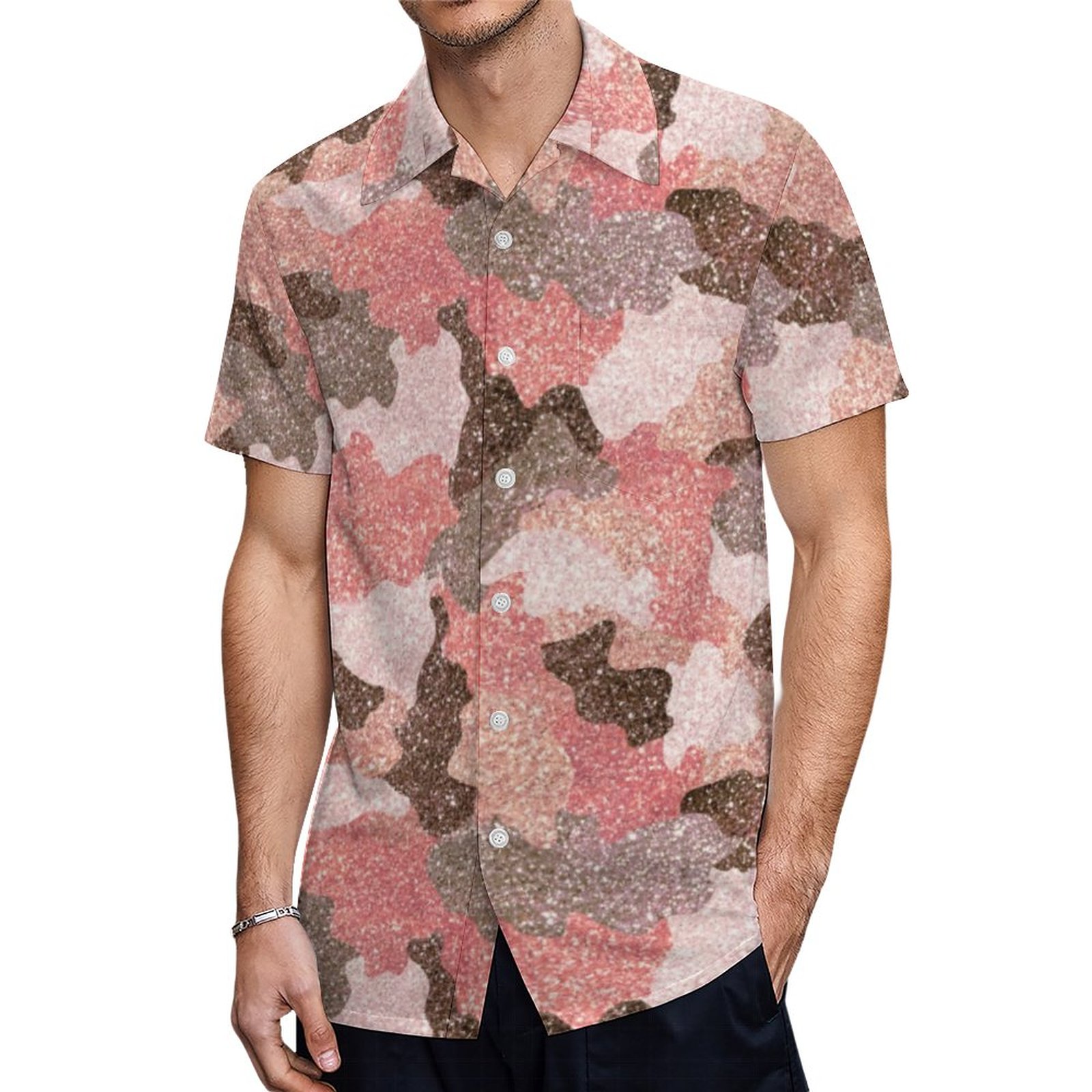 Rose Gold Camo Faux Glitter Camouflage Glam Hawaiian Shirt Mens Button Down Tropical Hawaii Beach Shirts