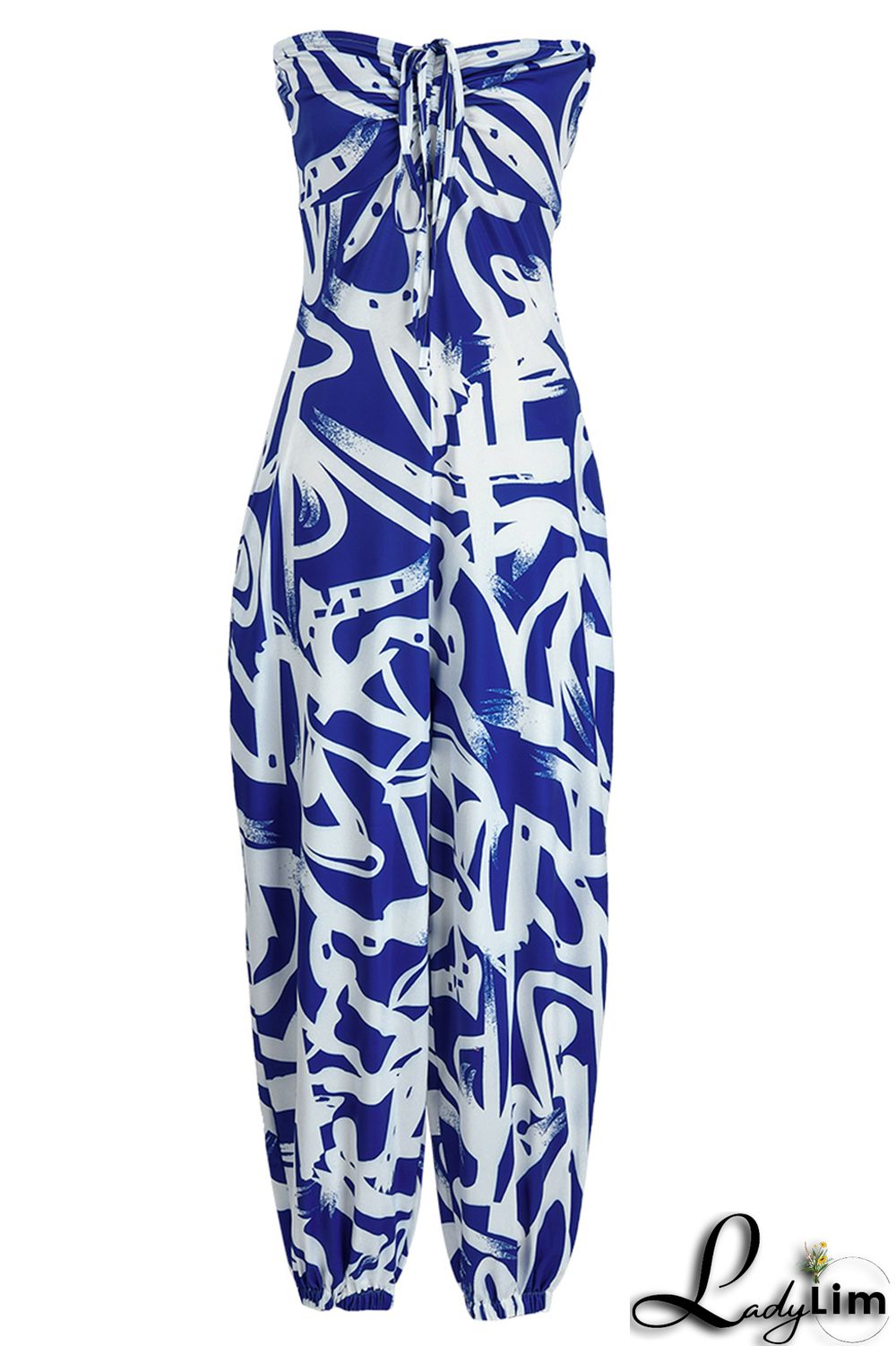 Blue Fashion Sexy Casual Print Backless Strapless Regular Jumpsuits