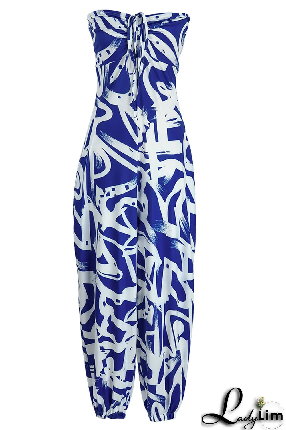 Blue Fashion Sexy Casual Print Backless Strapless Regular Jumpsuits