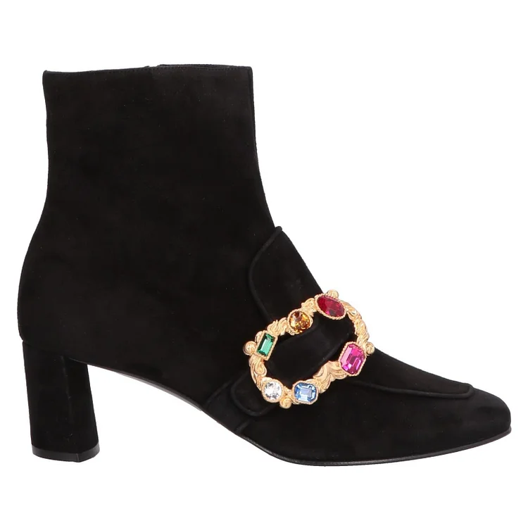 Black Suede Chunky Heel Ankle Booties with Colorful Rhinestone Buckle Vdcoo