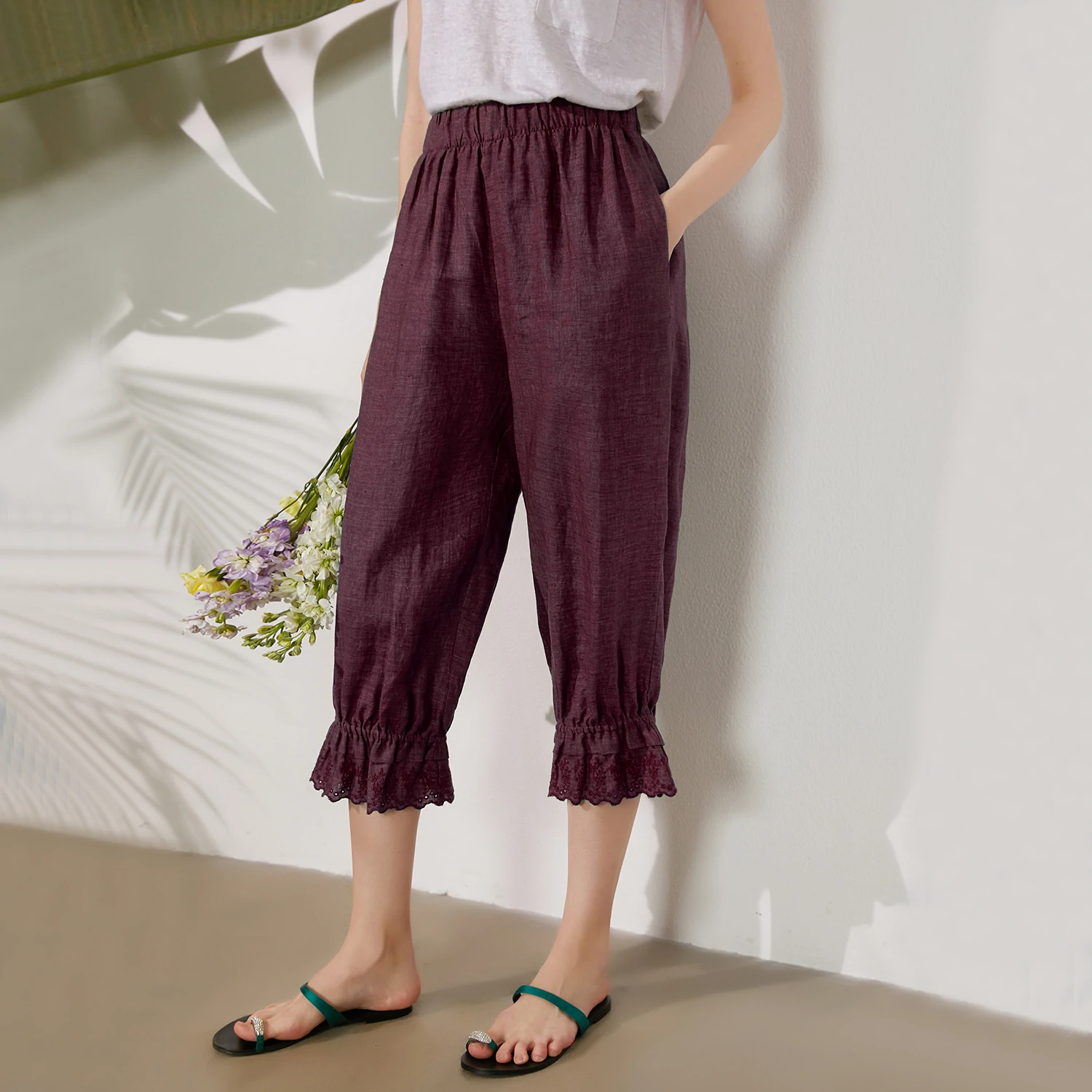 Pantalon en lin 100% européen, dentelle brodée pour enfants- SOIE PLUS