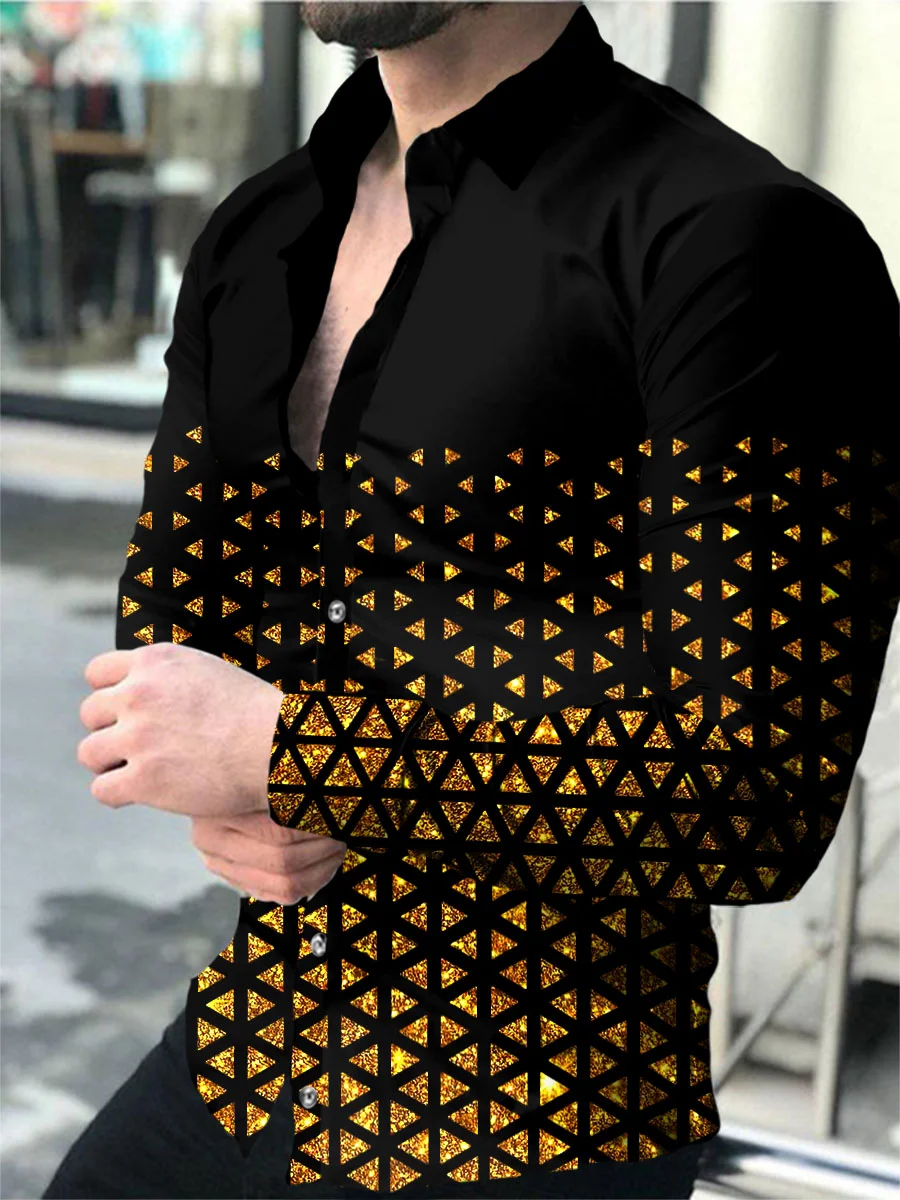 Men's Gradient Geometric Sequined Printed Long Sleeve Shirt