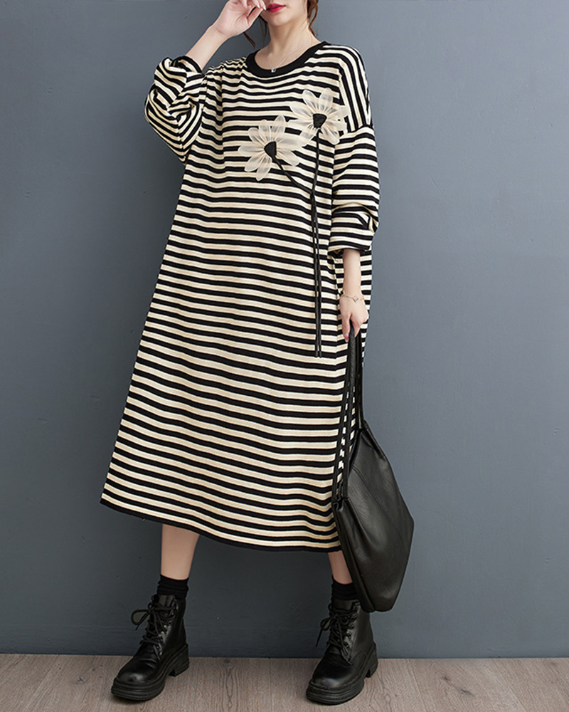Stripe Floral Trim Round Neck Long Sleeve Midi Dress