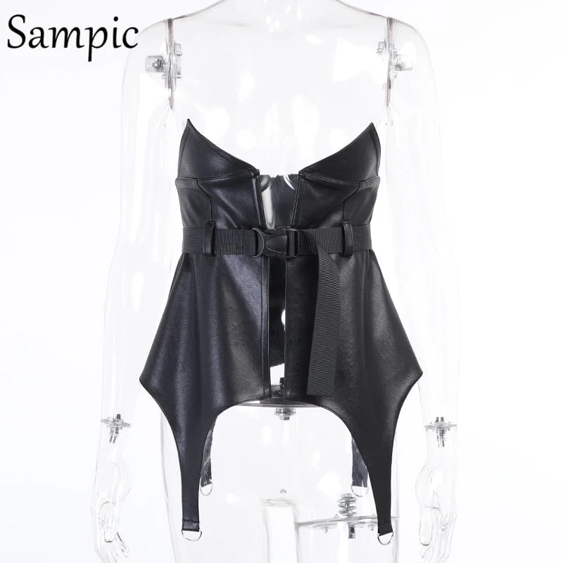 Sampic Female Gothic Clothes Sexy Women Leather Corset Tops Vest Underbust Skinny Irregular Black Club Crop Tops 2021 Summer