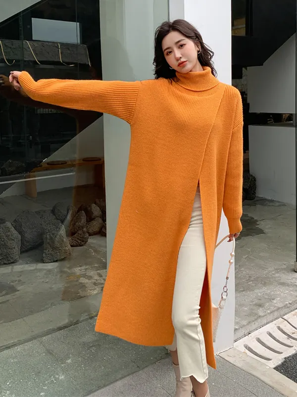 Long Sleeves Solid Color High Neck Knitwear Sweater Tops