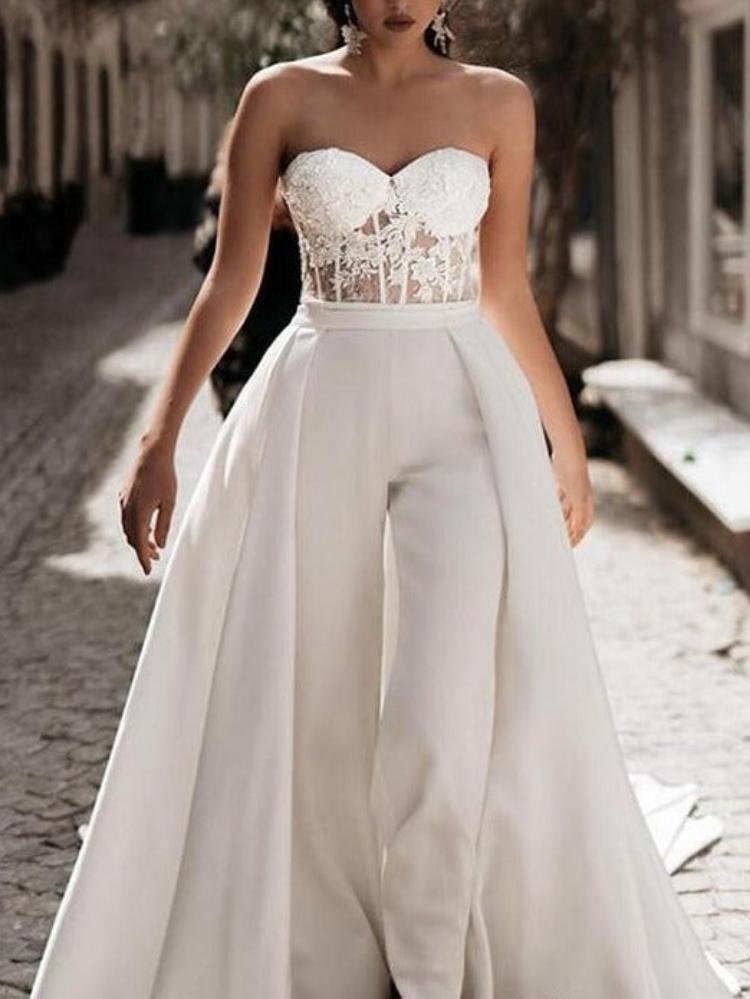 Neosepa-Strapless Lace Corset Top High Waist Wedding Jumpsuit With Satin Long Train