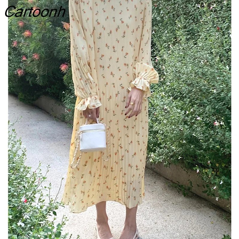 Cartoonh Elegant Stand Collar Women Floral Printed Dress Spring Summer Flare Sleeve Loose Female Pleated Dress vestidos