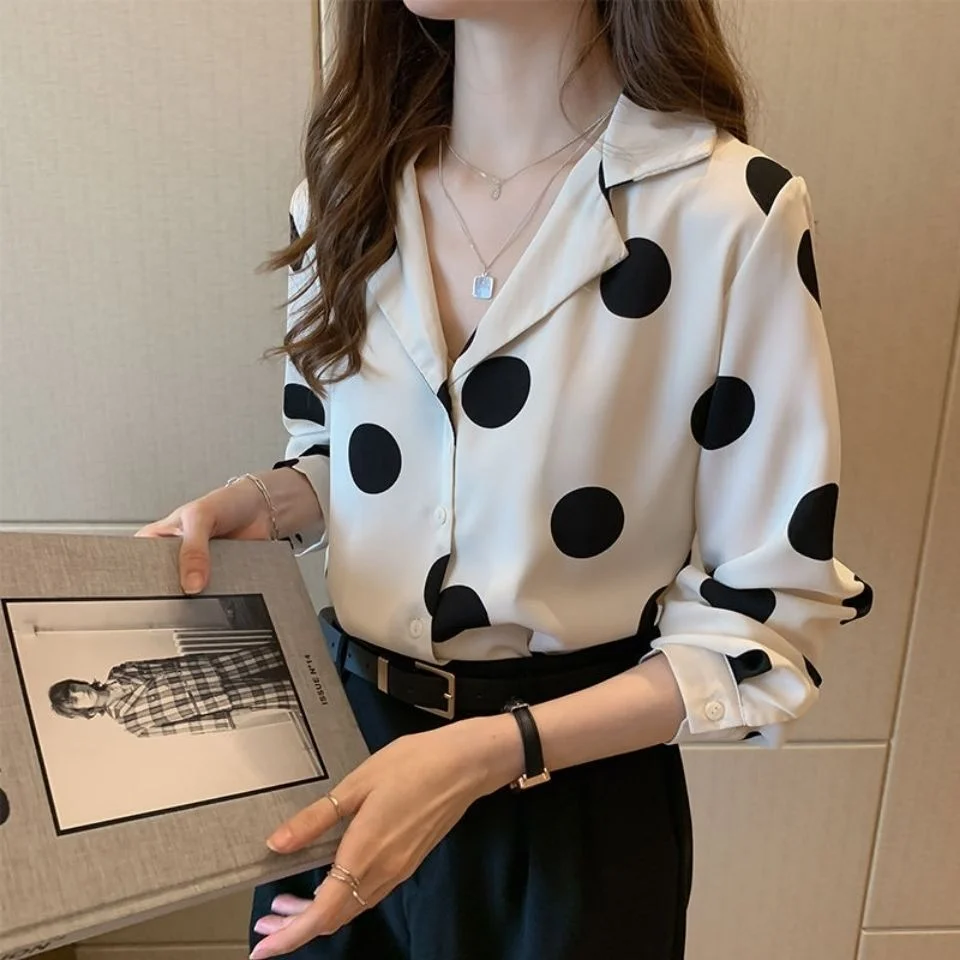 Blouses Shirts Women Chiffon Polka Dot Thin Notched Summer Sun-proof Fashion Korean Style Elegant Large Size XS-4XL Chic Leisure