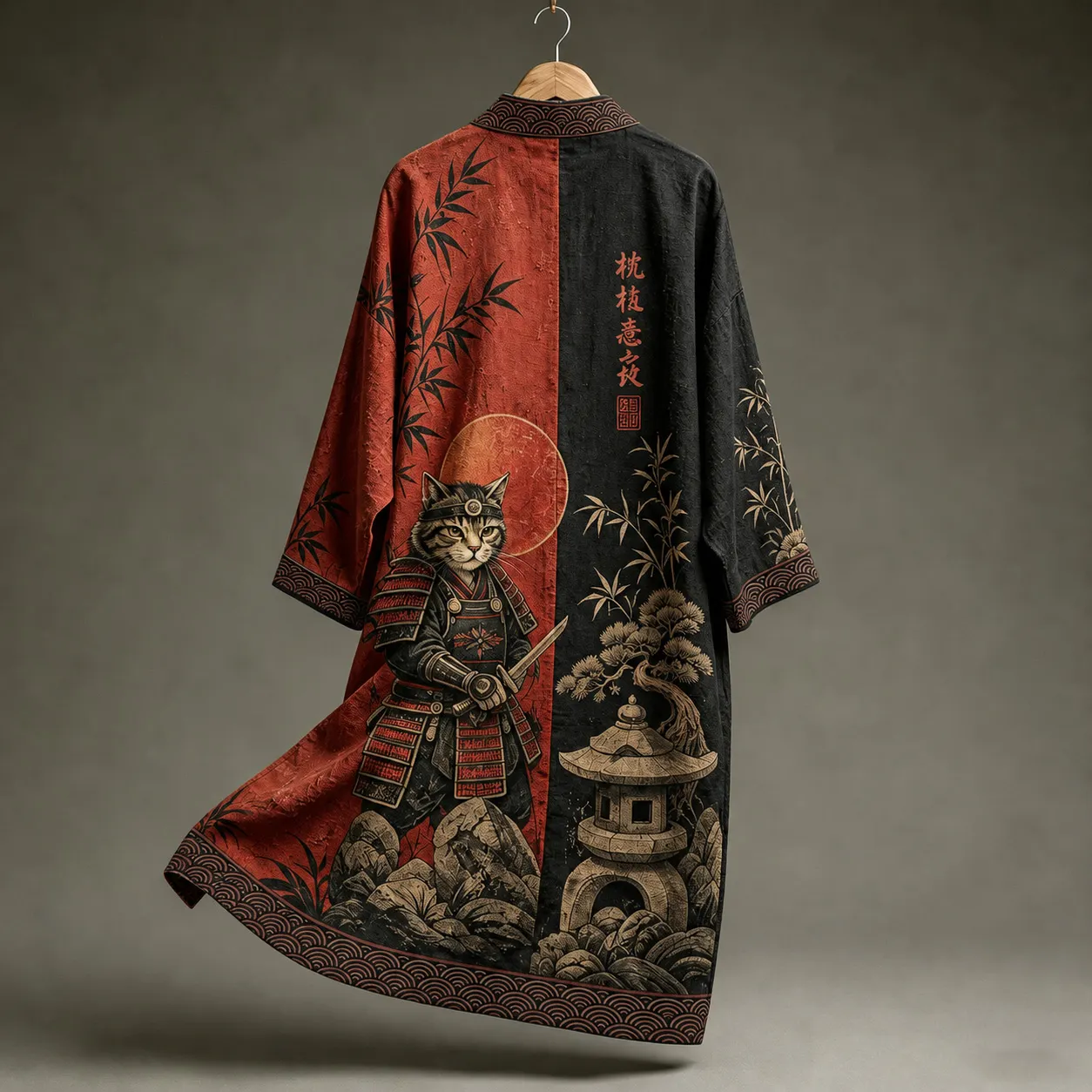Men's Retro Samurai Cat Art Print Linen Blend Long Kimono  artssus