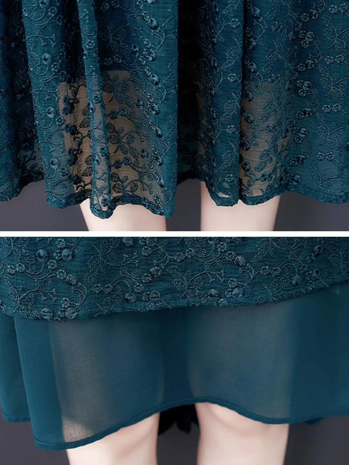 Stand-up Collar Lace Waist Embroidered Silk Dress