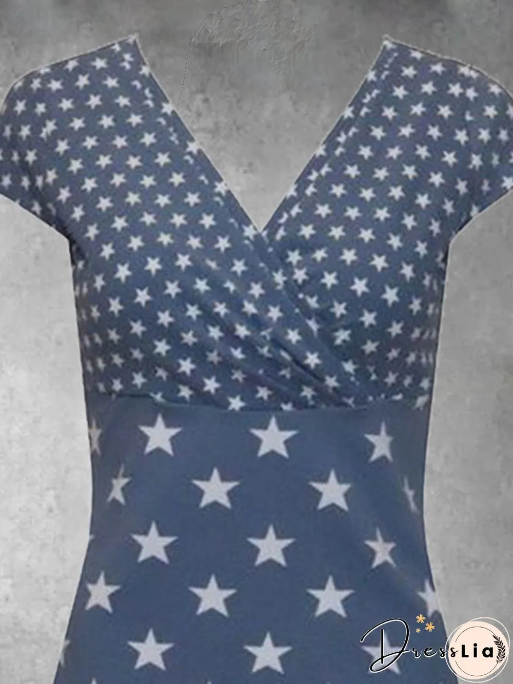 Star Short Sleeve Printed Cotton-blend V neck Sweet Summer Blue Top